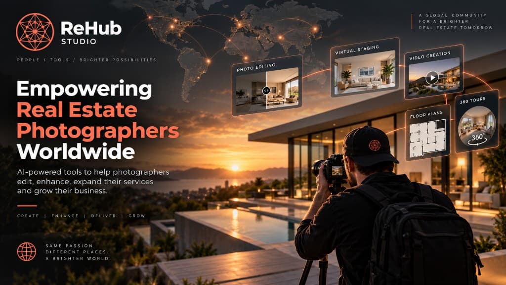 Photographer shooting a luxury home at sunset, with ReHub Studio tools for photo editing, virtual staging, video, floor plans and 360 tours