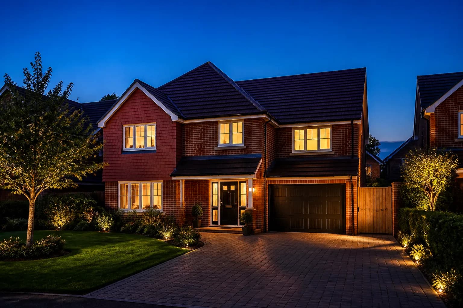 UK house exterior glowing at blue-hour twilight with warm interior lights — the classic dusk listing photograph look