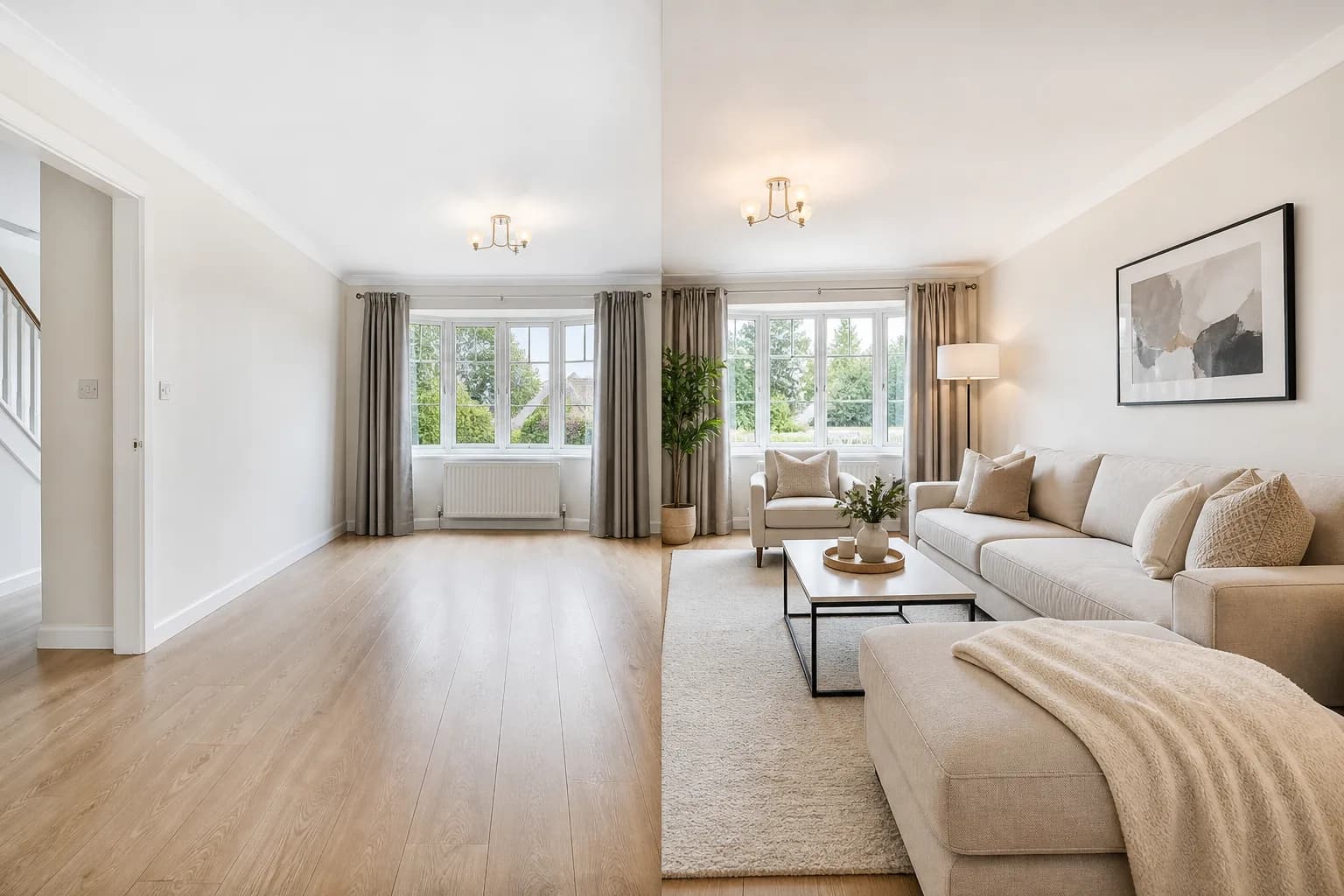 Side-by-side feel of an empty living room transformed into a warmly furnished staged interior for a UK listing
