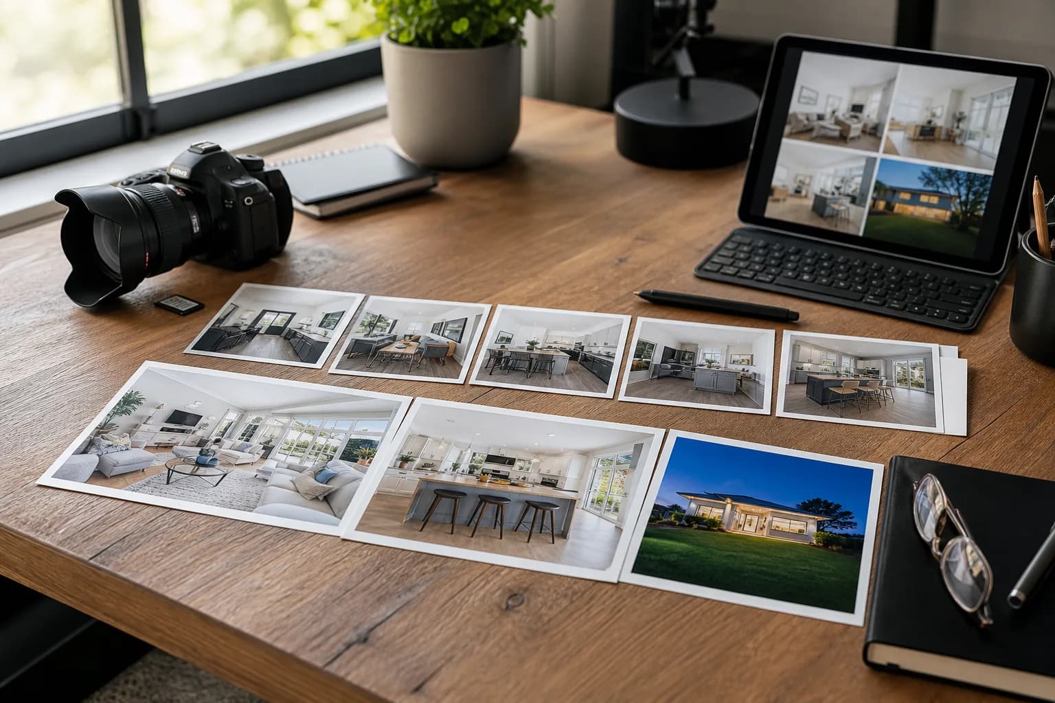 Property media workflow desk with listing photos progressing from capture to finished marketing package