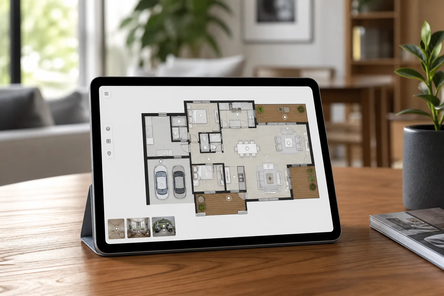 Interactive digital floor plan on a tablet with hotspots linking to bright interior property photographs