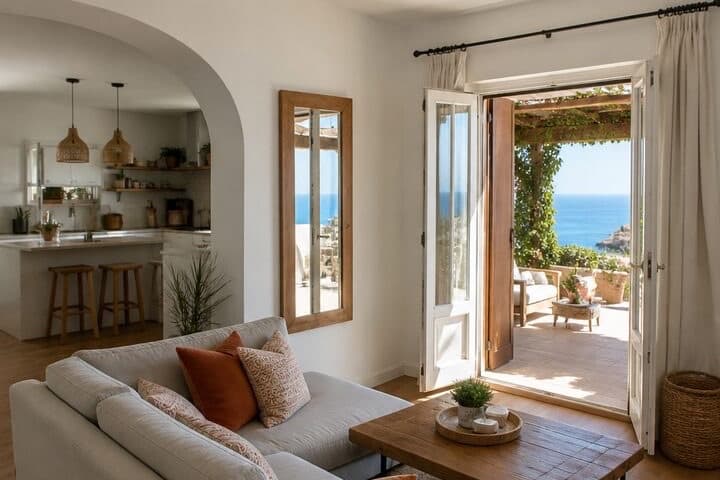 Bright holiday rental living room opening onto a terrace and sea view — the kind of stay HIOZ helps hosts explain to every guest