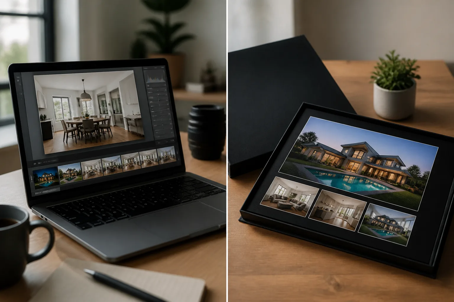 Split feel of a DIY laptop editing workspace and a professional media studio handover for property marketing