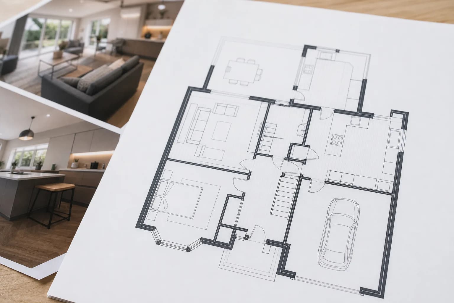 Clean professional floor plan of a modern UK home laid out beside interior listing photography