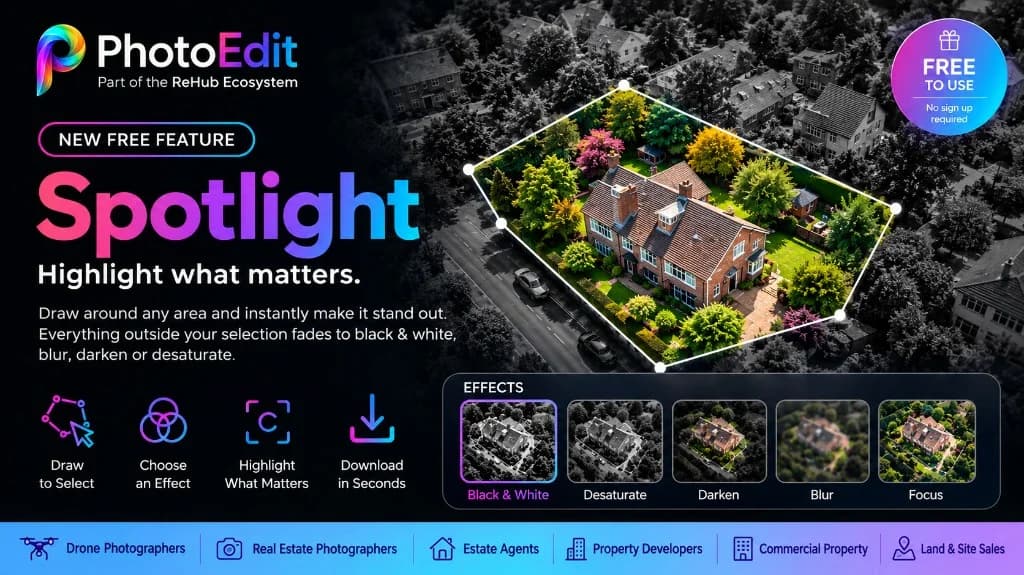 Spotlight promotional graphic showing an aerial neighbourhood with one property highlighted in colour against a black-and-white background