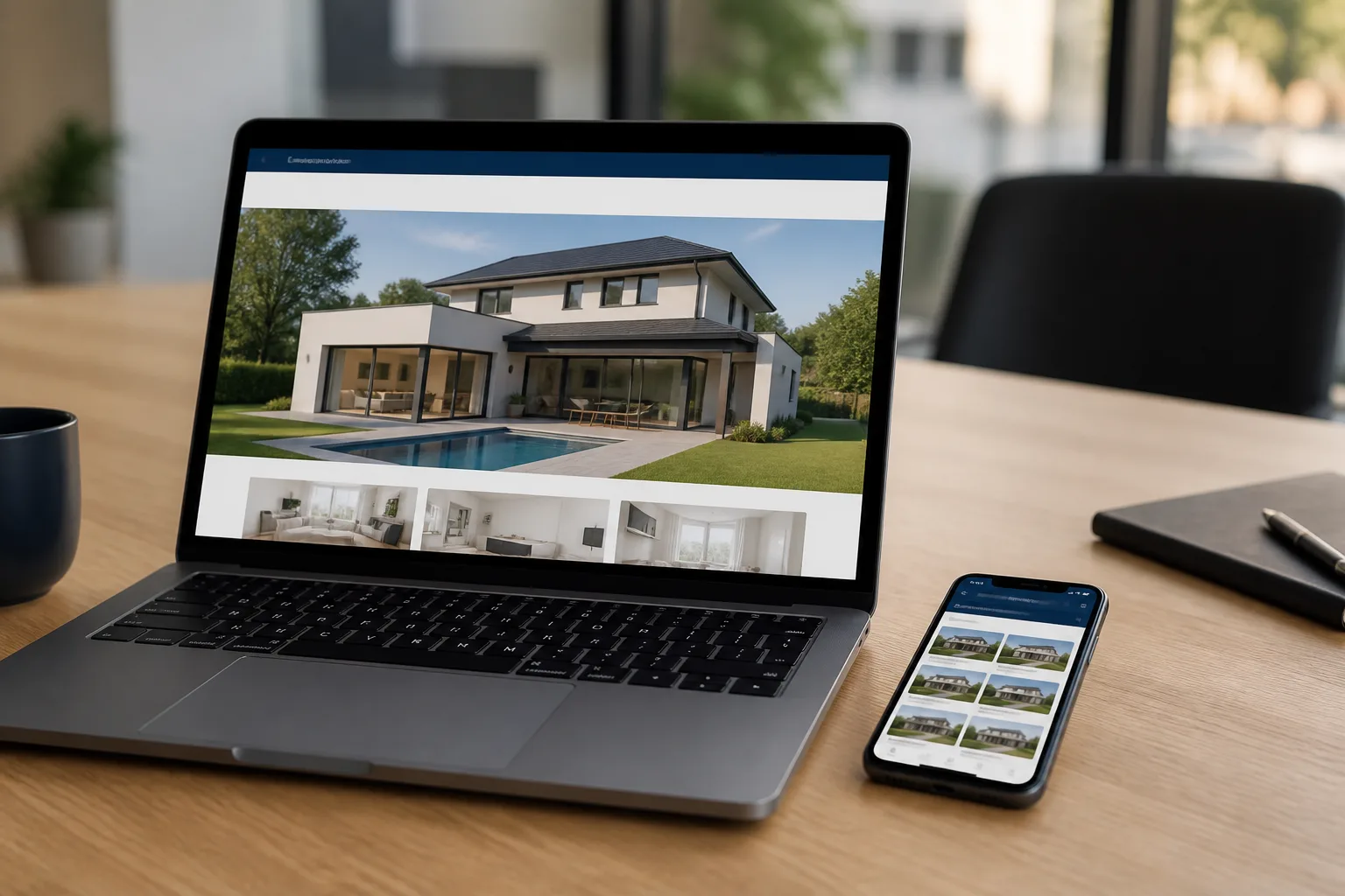 Laptop showing a branded property microsite beside a phone with a portal listing search result