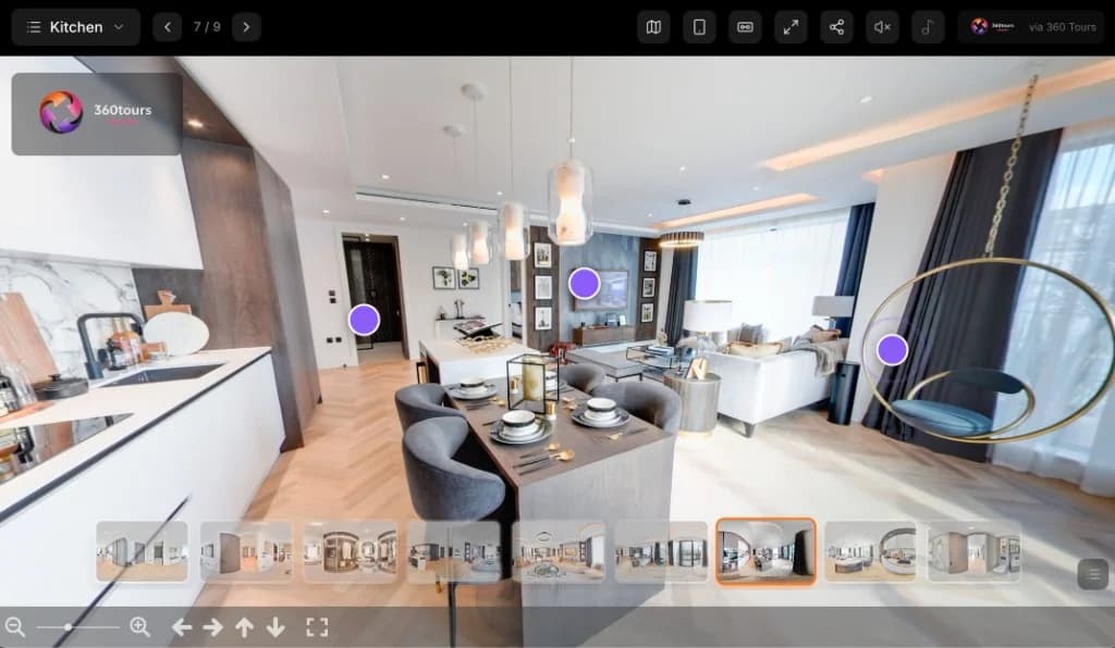360 virtual tour viewer showing a furnished open-plan living space